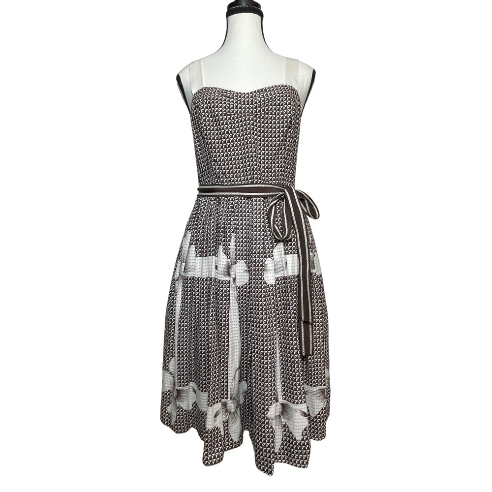 Sleeveless Brown and White Patterned Midi Dress with Waist Tie